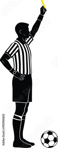Soccer referee silhouette raising yellow card, striped uniform, whistle, and ball symbolizing caution, discipline, and fair play enforcement