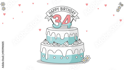 Digital illustration of a two-tiered birthday cake with blue icing and white decorations featuring a Happy Birthday banner and 34 candle on top against a white background with hearts and
