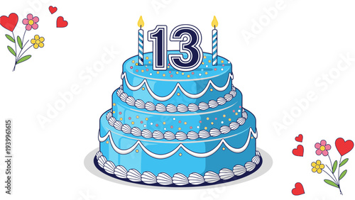 Digital illustration of a blue three-tiered birthday cake with white decorations and the number 13 on top surrounded by colorful flowers and hearts on a white background.