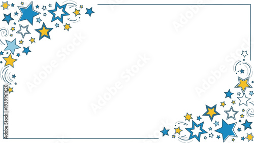 A blue-lined rectangular frame with blue and yellow stars, swirls on a white background, decorative border design with a magical and celebratory feel.