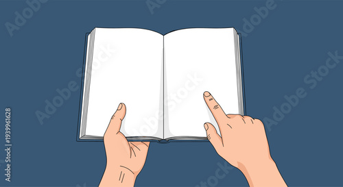 Top view of human hands holding an open book with blank white pages, with one finger pointing at the surface on a dark blue background.