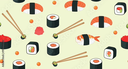 Appetizing seamless pattern featuring a variety of sushi rolls, nigiri, ginger, and wasabi with wooden chopsticks on a light background.