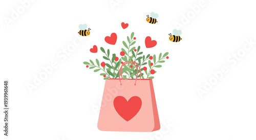 Charming pink gift bag with a heart symbol overflowing with green leafy branches and red berries, surrounded by floating hearts and bees.