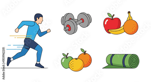 Healthy lifestyle icons set featuring running man dumbbells fruits and exercise mat vector