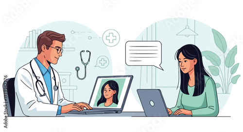 Doctor consulting with a patient online via laptop, offering telemedicine services remotely