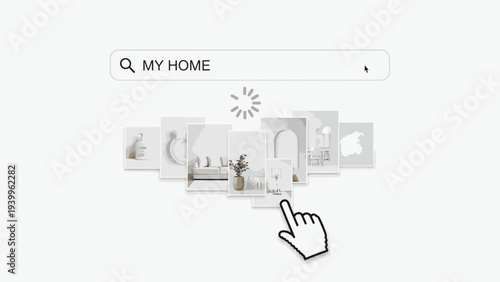 A computer cursor hovers over a search result page for 'MY HOME' with various home interior images on a white background.