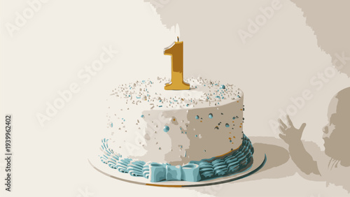 A white frosted cake with blue accents and a gold number one candle on top casts a shadow of a baby's hand on a beige background with a joyful and celebratory mood.