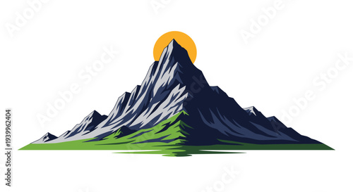 Majestic illustration of a jagged mountain peak with snow-covered ridges and a bright yellow sun setting directly behind it.