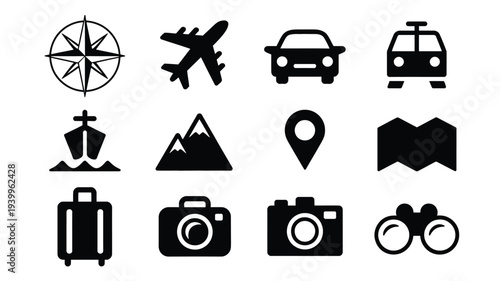 Travel and adventure icons set including transportation landmarks and photography symbols in black silhouette on white background for tourism and exploration concepts