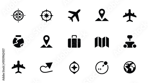 Collection of travel icons including airplanes compasses luggage and location markers on white background