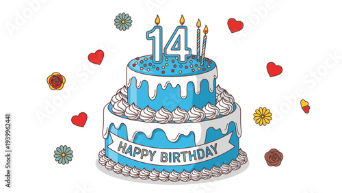 A blue and white birthday cake with 'Happy Birthday' banner and the number 14 on top, surrounded by colorful decorations against a clean white background.