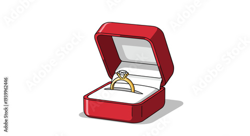 Classic diamond engagement ring with a gold band presented in an open red velvet jewelry box on a white background.