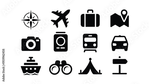 Travel and transportation icons set including airplane suitcase map camera train car bicycle tent and more on white background