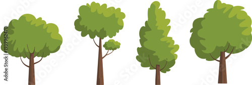 Four stylized green trees with varied shapes and brown trunks on a white background nature silhouette
