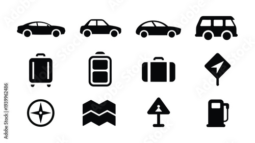 Travel and transportation icons set including cars luggage and signs on white background for travel and tourism concept
