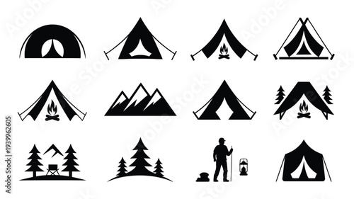 Camping icons set including tents mountains trees campfire and hiker outdoor adventure symbols for travel and wilderness activities