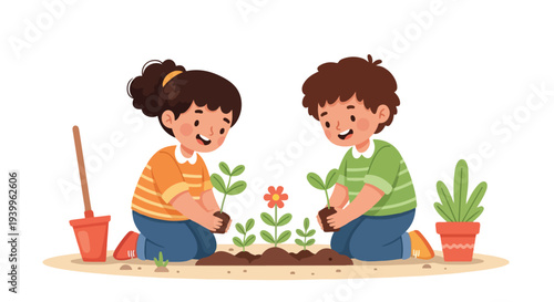 Two children planting a flower in the ground with gardening tools and potted plants nearby on a white background.