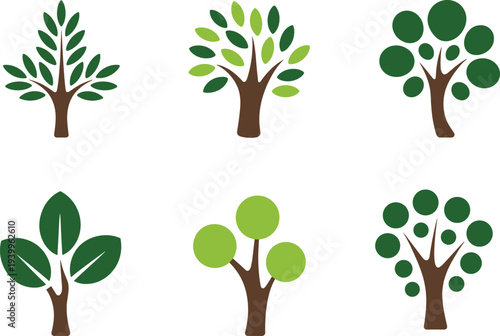 Six abstract tree icons with diverse leaf forms and green and brown color schemes Keywords: tree, icon, symbol, logo, stylized, graphic, design, nature, green, brown, leaf, leaves, foliage
