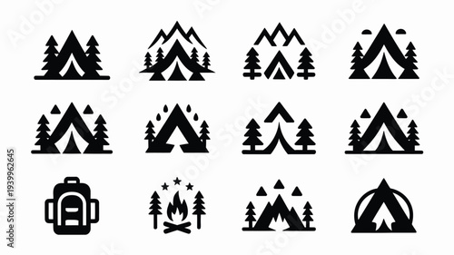 Camping icons set including tent mountain tree campfire backpack and outdoor adventure symbols in black silhouette on white background for travel and wilderness activities