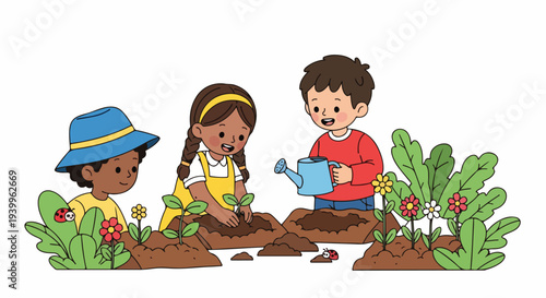 Three children gardening together outdoors with plants and flowers on a plain white background.