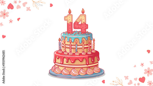 A colorful illustration of a two-tiered birthday cake with red and blue icing and the number 14 on top, surrounded by pink stars and hearts on a white background.