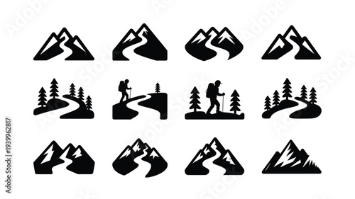 Hiking and mountain icons set black silhouettes on white background outdoor adventure symbols travel and nature illustrations trekking and climbing graphics
