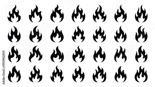 Black flame icons set 32 burning fire symbols isolated on white background vector graphics