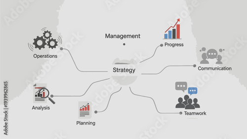 A conceptual illustration of business strategy with various icons and keywords connected to a central strategy hub on a light gray background.