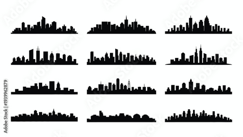 City skylines in silhouette various urban landscapes black cityscape silhouettes on white background modern architecture urban planning cityscape collection