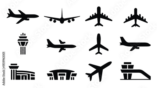 Airplane silhouettes and airport icons set various planes and terminals in black on white background for travel and aviation concepts