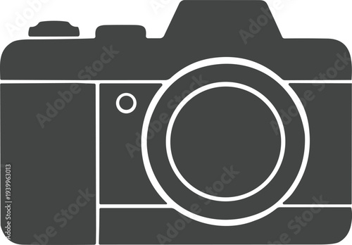 Minimalist vector illustration of monochrome camera icon, photography symbol design, digital interface element, simple silhouette equipment for capturing images