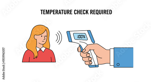 Health safety illustration showing a hand holding an infrared thermometer to check the temperature of a young woman at the entrance.