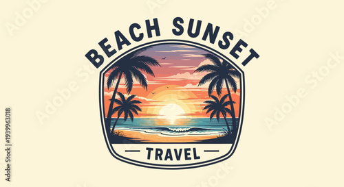 Picturesque Beach Sunset Travel Logo with Palm Trees and Calm Ocean in bright studio