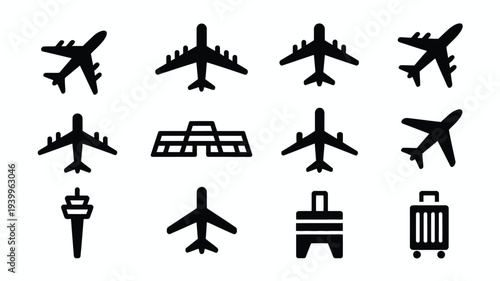Airplane travel icons set with airport terminal and luggage black silhouettes on white background