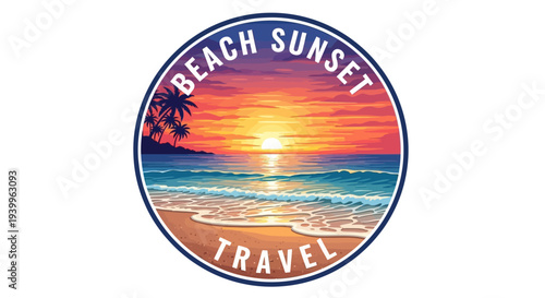 Picturesque Beach Sunset Travel Logo with Palm Trees and Calm Ocean, isolated white background