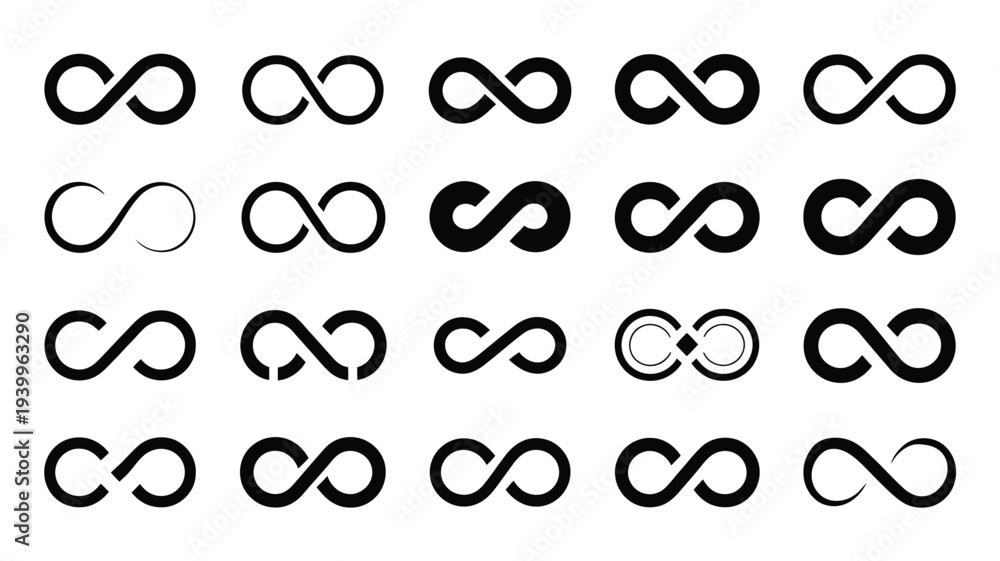 Obraz premium Collection of various black infinity symbols on white background representing eternity and unity concepts