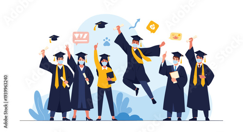 Joyful group of diverse university graduates in caps and gowns celebrating their achievement while wearing protective face masks.