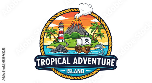 Tropical Adventure Island Logo with Volcano, Lighthouse, Palm Trees, and Pirate Ship Bordered by Rope, isolated white background