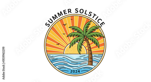 Summer Solstice Tropical Beach Logo with Palm Tree, Sun, and Ocean Waves, isolated white background