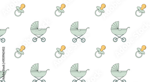 Charming seamless pattern for infants features light green baby strollers and yellow pacifiers repeated across a white background.