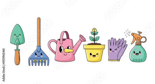 Cartoon gardening tools and accessories arranged on a white background with smiling faces.
