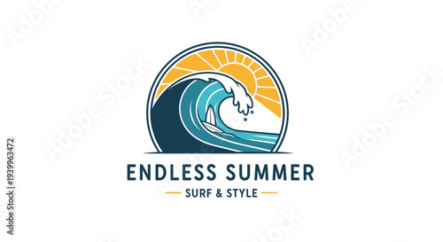 Endless Summer Surf & Style Logo with Dynamic Ocean Wave and Bright Sun on Isolated White Background