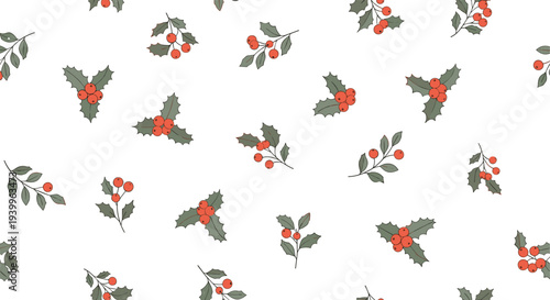 Traditional winter pattern features a seamless arrangement of red holly berries and dark green leaves scattered over a white background.