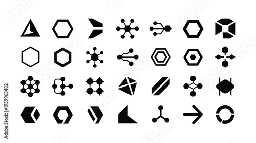 Collection of black geometric shapes and molecular icons on white background for design and science concepts