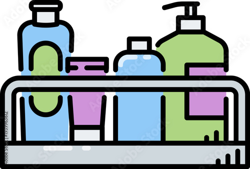 Bathroom rack with shampoo and soap icon with outline