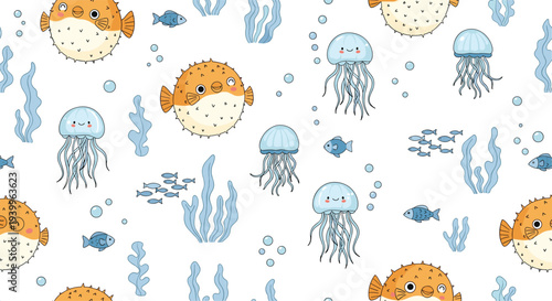 Adorable underwater seamless pattern features smiling blue jellyfish, orange puffer fish, and seaweed in a playful oceanic world.