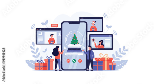 People celebrate the holidays through virtual connections using smartphones and video conferencing windows surrounded by gifts.