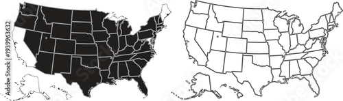United States Map with State Boundaries Black and White Vector Illustration