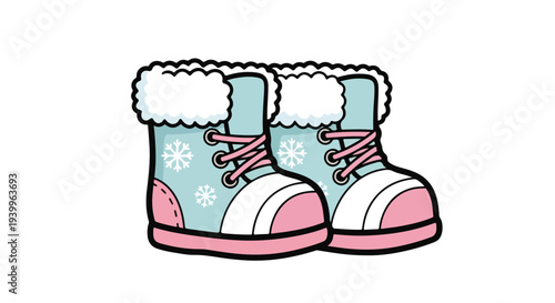 A pair of cartoonish turquoise winter boots with pink laces and soles, white fur trim, and snowflake patterns on a plain white background.