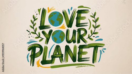 Eco friendly message with globe and leaves love your planet slogan on beige background